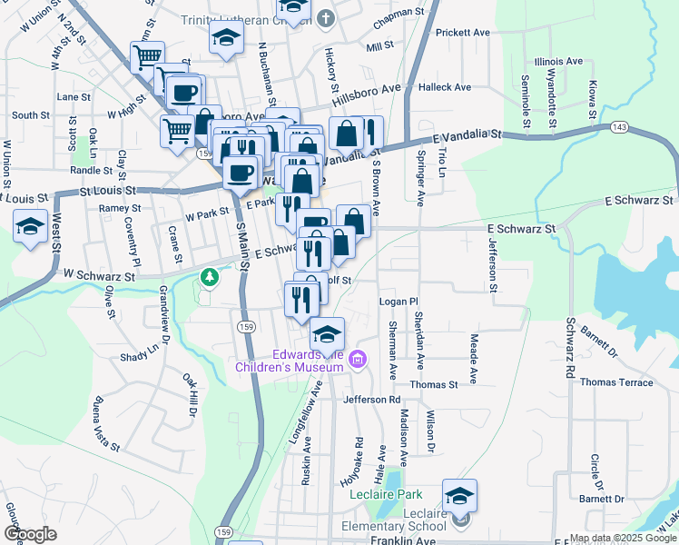 map of restaurants, bars, coffee shops, grocery stores, and more near 340 South Fillmore Street in Edwardsville