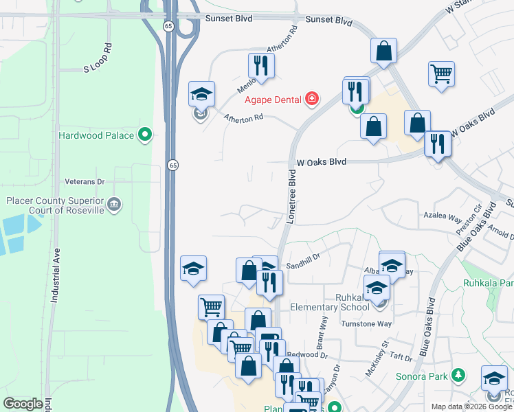 map of restaurants, bars, coffee shops, grocery stores, and more near 6170 Lonetree Boulevard in Rocklin