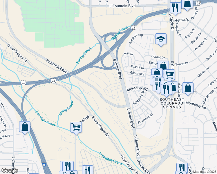 map of restaurants, bars, coffee shops, grocery stores, and more near 1615 Derbyshire Street in Colorado Springs