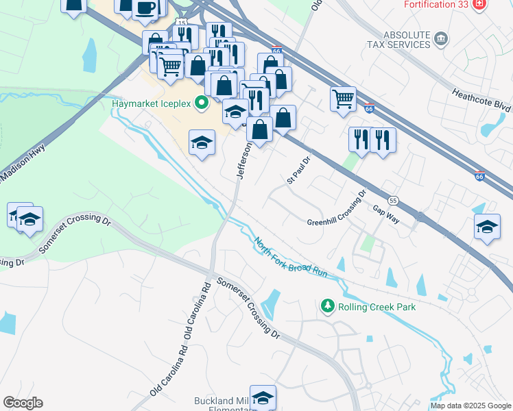map of restaurants, bars, coffee shops, grocery stores, and more near 6856 Saint Paul Drive in Haymarket