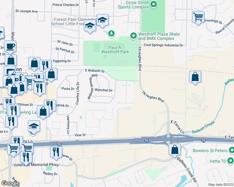 map of restaurants, bars, coffee shops, grocery stores, and more near 216 Wabash Woods Way in O'Fallon