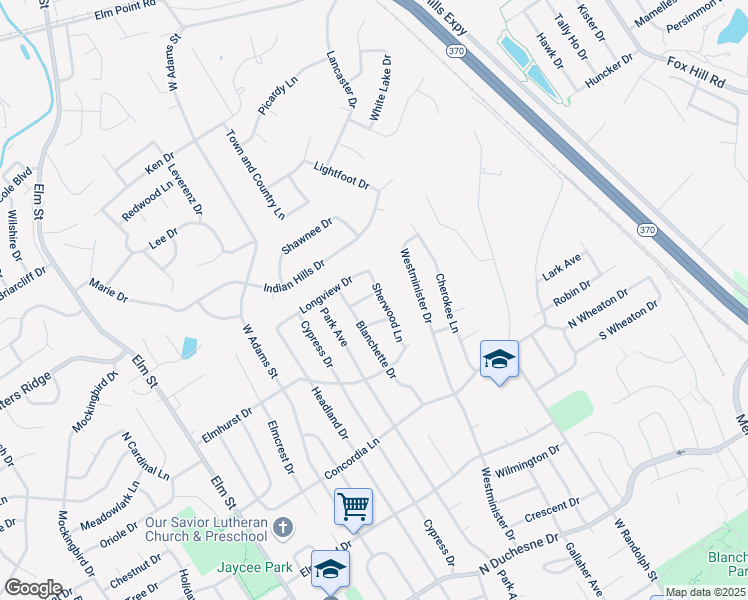 map of restaurants, bars, coffee shops, grocery stores, and more near 824 Woodside Lane in Saint Charles