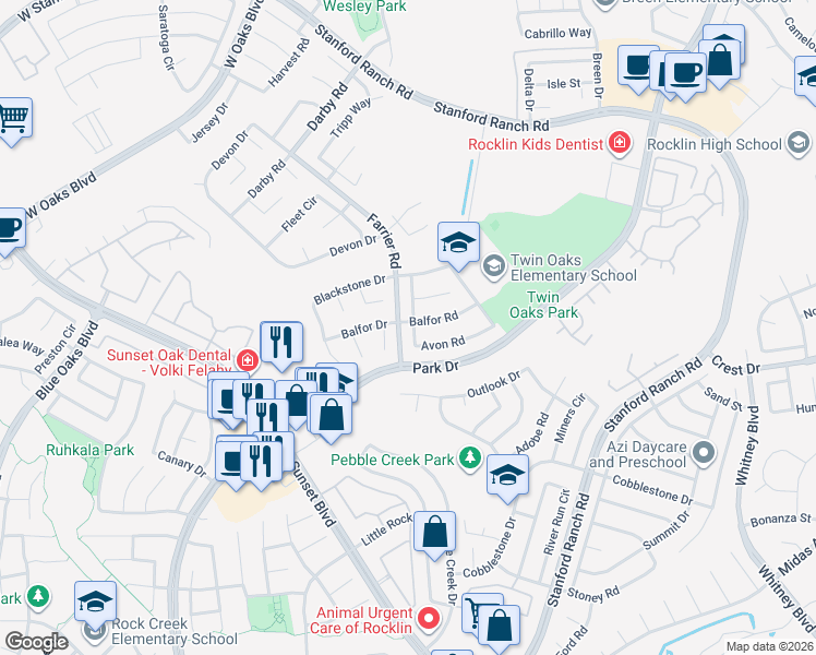 map of restaurants, bars, coffee shops, grocery stores, and more near 2916 Avon Road in Rocklin