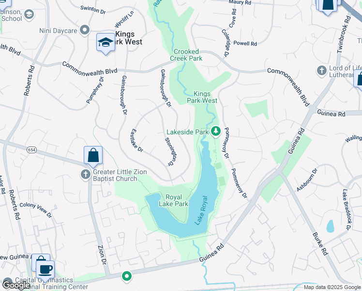 map of restaurants, bars, coffee shops, grocery stores, and more near 5377 Gainsborough Drive in Fairfax