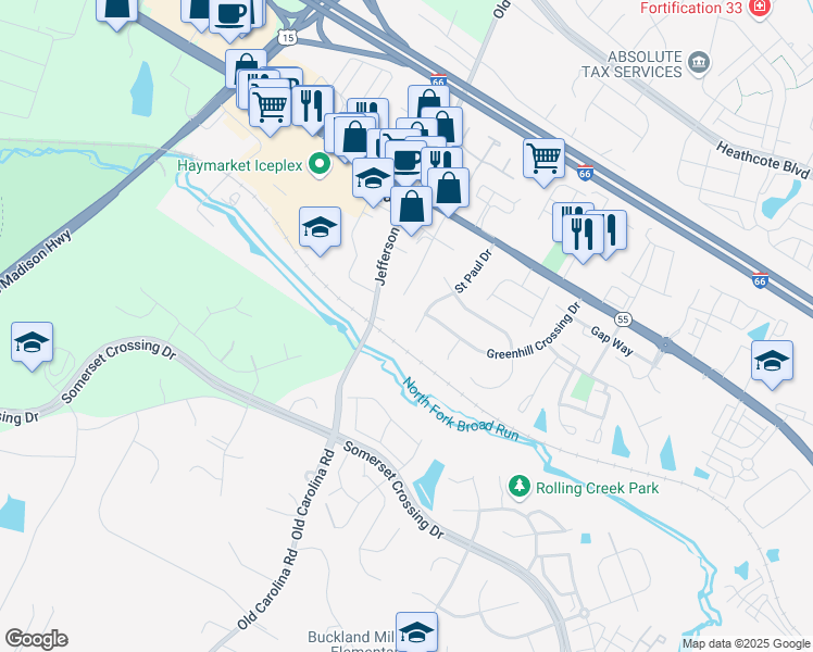 map of restaurants, bars, coffee shops, grocery stores, and more near 6856 Saint Paul Drive in Haymarket