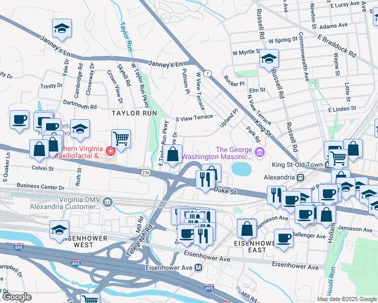 map of restaurants, bars, coffee shops, grocery stores, and more near 118 Roberts Lane in Alexandria