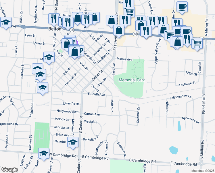 map of restaurants, bars, coffee shops, grocery stores, and more near 921 Main Street in Belton