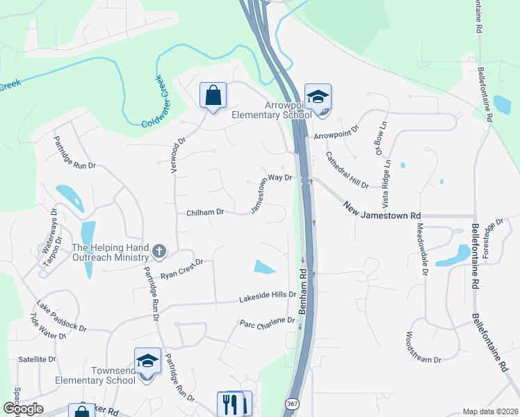 map of restaurants, bars, coffee shops, grocery stores, and more near 6906 Jamestown Way Drive in Florissant