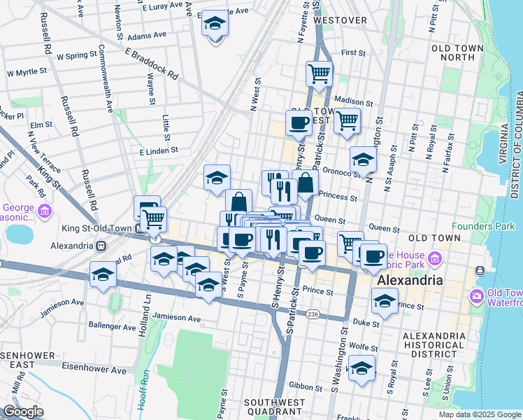 map of restaurants, bars, coffee shops, grocery stores, and more near 1210 Queen Street in Alexandria
