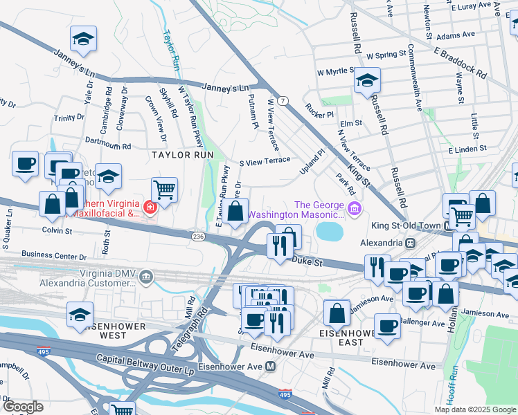 map of restaurants, bars, coffee shops, grocery stores, and more near 118 Roberts Lane in Alexandria