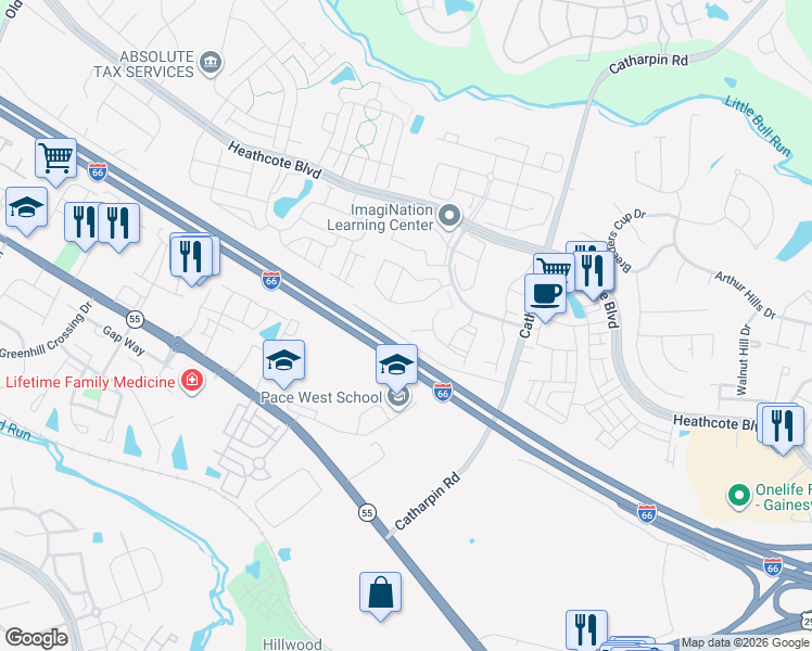 map of restaurants, bars, coffee shops, grocery stores, and more near 14324 Springfield Court in Gainesville