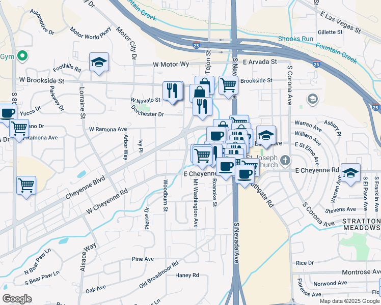 map of restaurants, bars, coffee shops, grocery stores, and more near 1801 South Cascade Avenue in Colorado Springs