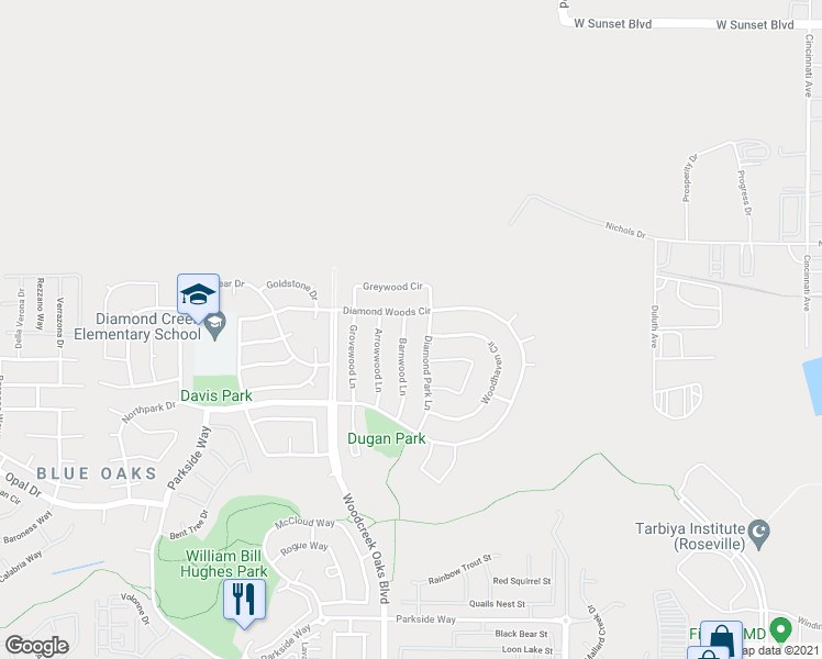 map of restaurants, bars, coffee shops, grocery stores, and more near 1520 Barnwood Lane in Roseville