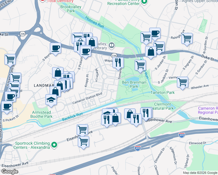 map of restaurants, bars, coffee shops, grocery stores, and more near 222 Medlock Lane in Alexandria