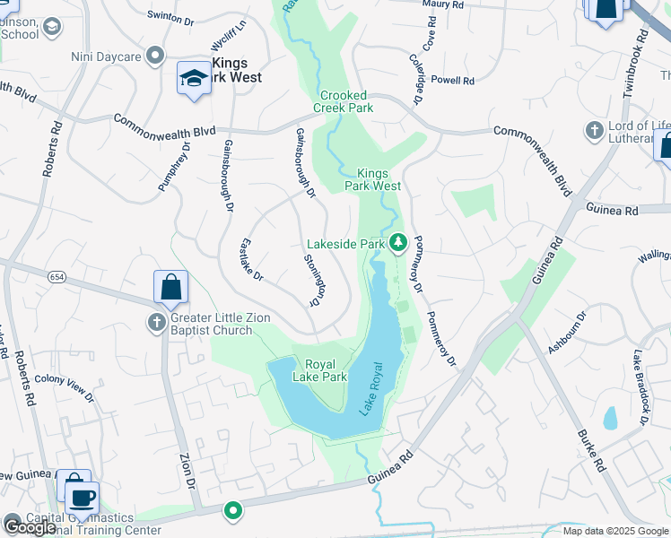 map of restaurants, bars, coffee shops, grocery stores, and more near 5377 Gainsborough Drive in Fairfax