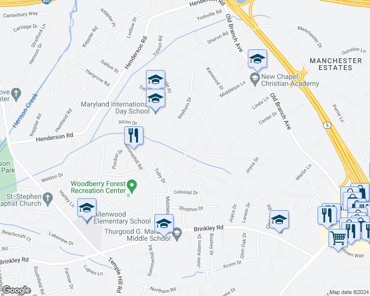 map of restaurants, bars, coffee shops, grocery stores, and more near 5909 Middleton Lane in Temple Hills