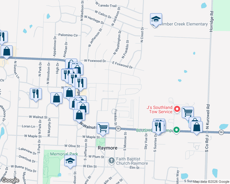 map of restaurants, bars, coffee shops, grocery stores, and more near 107 Amberwood Court in Raymore