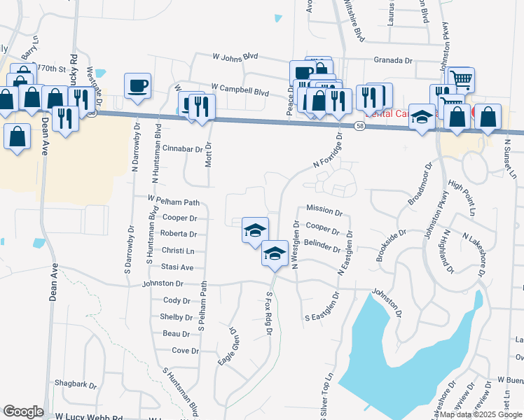 map of restaurants, bars, coffee shops, grocery stores, and more near 200 North Foxridge Drive in Raymore