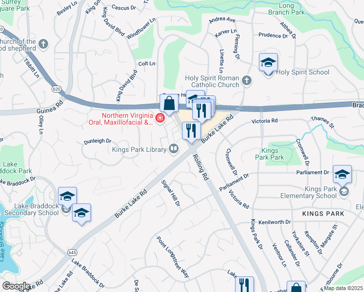 map of restaurants, bars, coffee shops, grocery stores, and more near 8996 Burke Lake Road in Burke