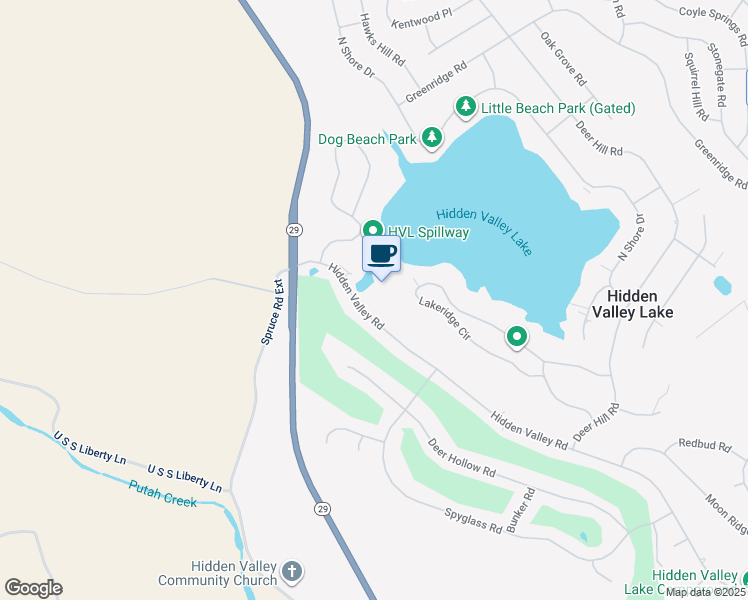 map of restaurants, bars, coffee shops, grocery stores, and more near 18174 Hidden Valley Road in Hidden Valley Lake