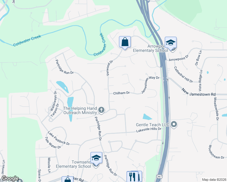 map of restaurants, bars, coffee shops, grocery stores, and more near 6753 Chilham Drive in Florissant