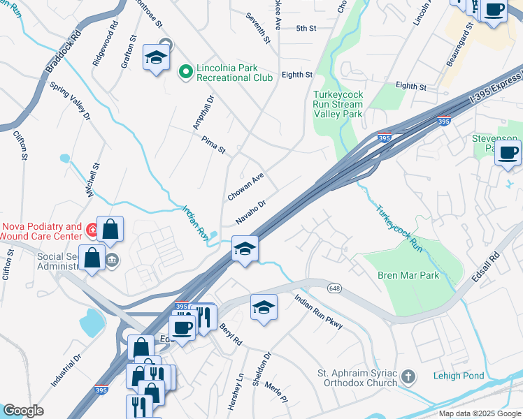 map of restaurants, bars, coffee shops, grocery stores, and more near 5267 Navaho Drive in Alexandria