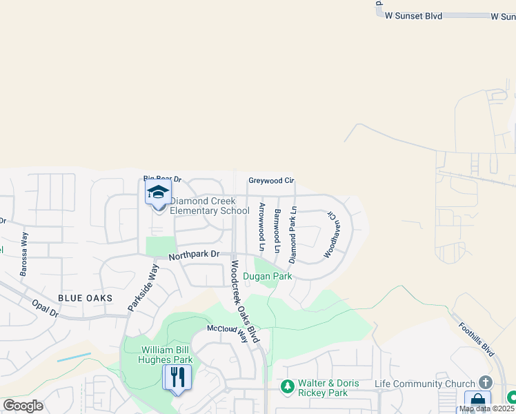 map of restaurants, bars, coffee shops, grocery stores, and more near 1513 Arrow Wood Lane in Roseville