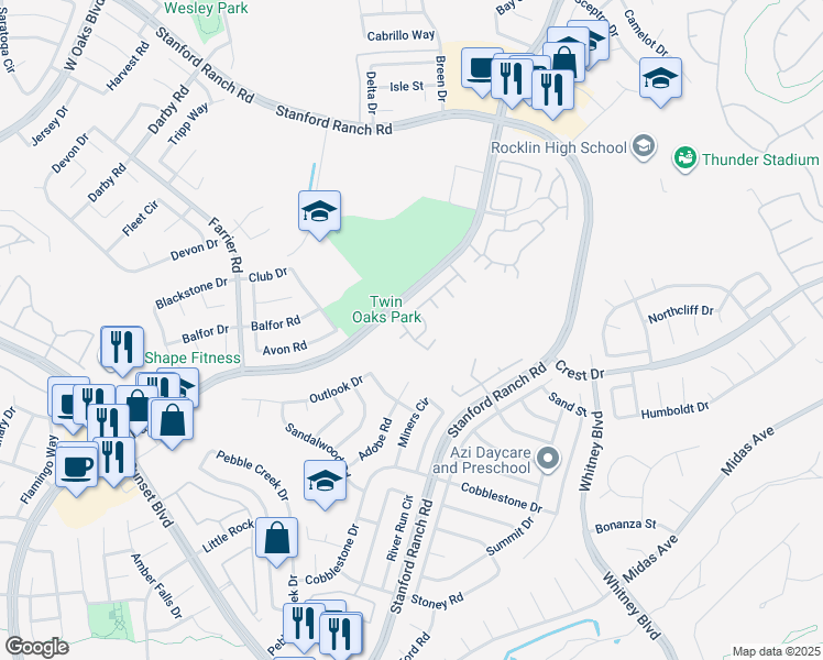map of restaurants, bars, coffee shops, grocery stores, and more near 1009 Boardwalk Way in Rocklin