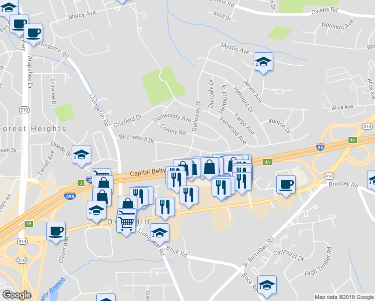 map of restaurants, bars, coffee shops, grocery stores, and more near 5801 Galloway Drive in Oxon Hill