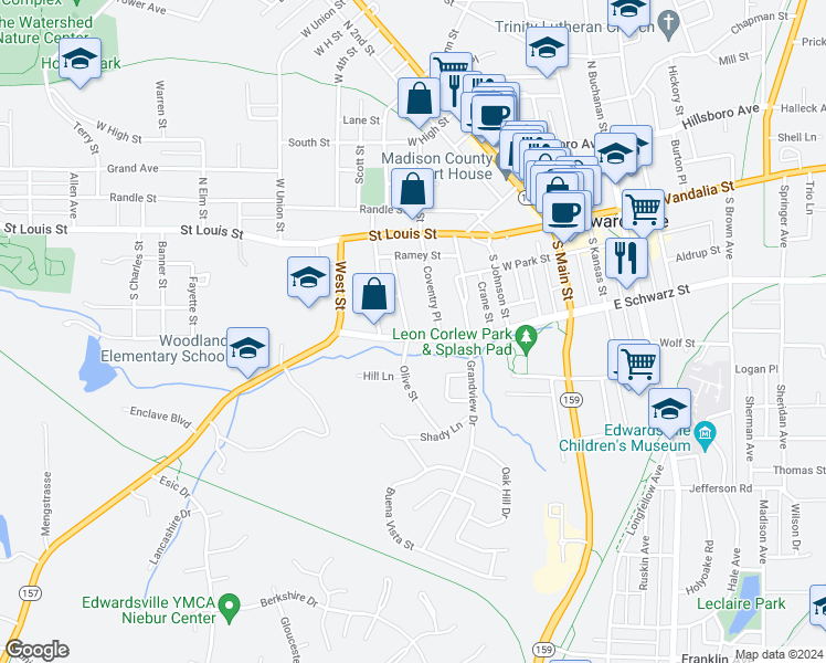 map of restaurants, bars, coffee shops, grocery stores, and more near 328 Olive Street in Edwardsville