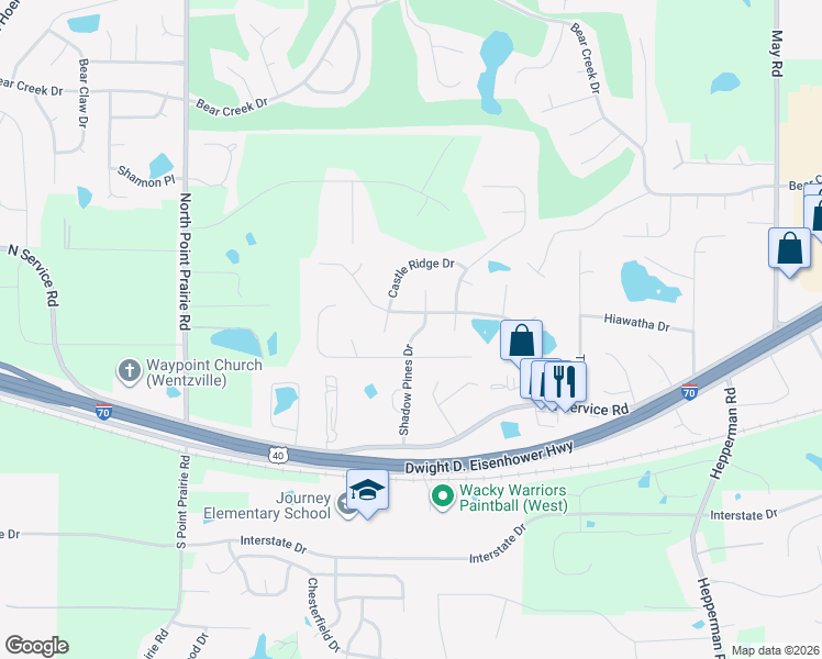 map of restaurants, bars, coffee shops, grocery stores, and more near 411 Shadow Pines Dr in Wentzville