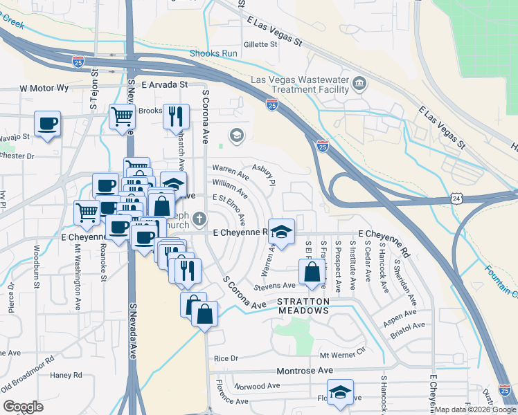 map of restaurants, bars, coffee shops, grocery stores, and more near 549 Warren Avenue in Colorado Springs