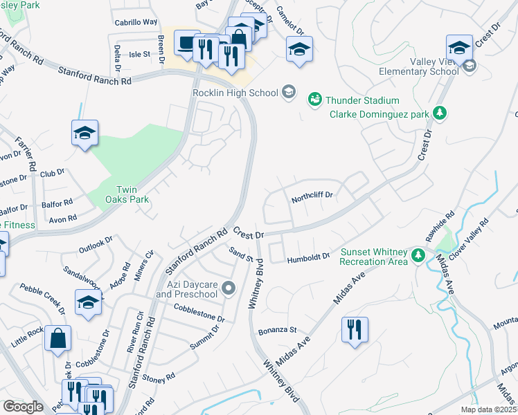 map of restaurants, bars, coffee shops, grocery stores, and more near 5424 Thunder Ridge Circle in Rocklin