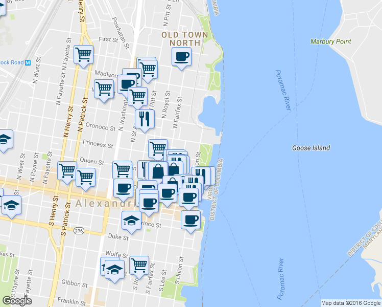 map of restaurants, bars, coffee shops, grocery stores, and more near 125 Princess Street in Alexandria