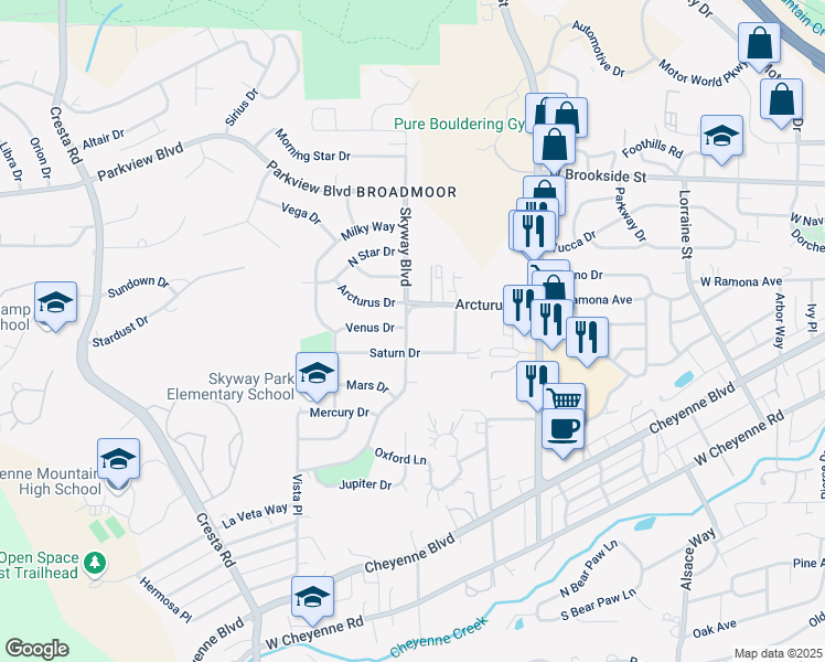 map of restaurants, bars, coffee shops, grocery stores, and more near 923 Skyway Boulevard in Colorado Springs