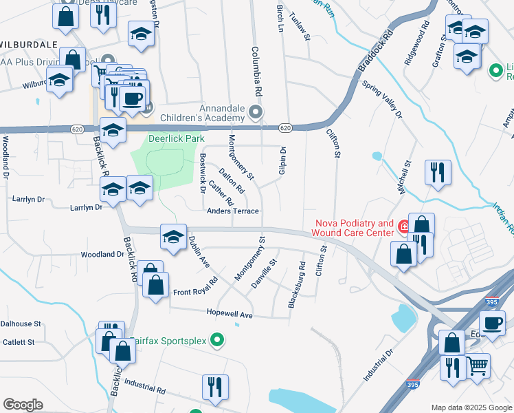 map of restaurants, bars, coffee shops, grocery stores, and more near 6702 Anders Terrace in Springfield