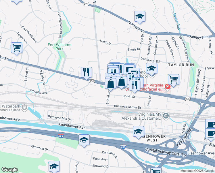map of restaurants, bars, coffee shops, grocery stores, and more near 3300 Duke Street in Alexandria