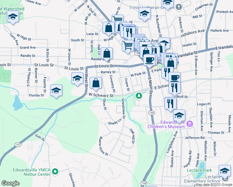 map of restaurants, bars, coffee shops, grocery stores, and more near 264 Coventry Place in Edwardsville