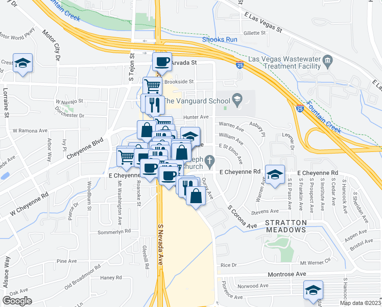 map of restaurants, bars, coffee shops, grocery stores, and more near 1832 South Wahsatch Avenue in Colorado Springs