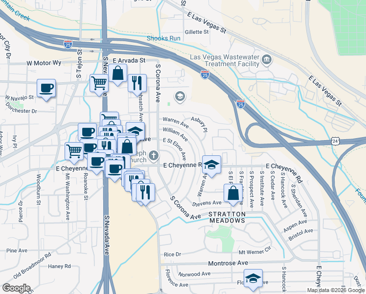map of restaurants, bars, coffee shops, grocery stores, and more near 542 East Saint Elmo Avenue in Colorado Springs