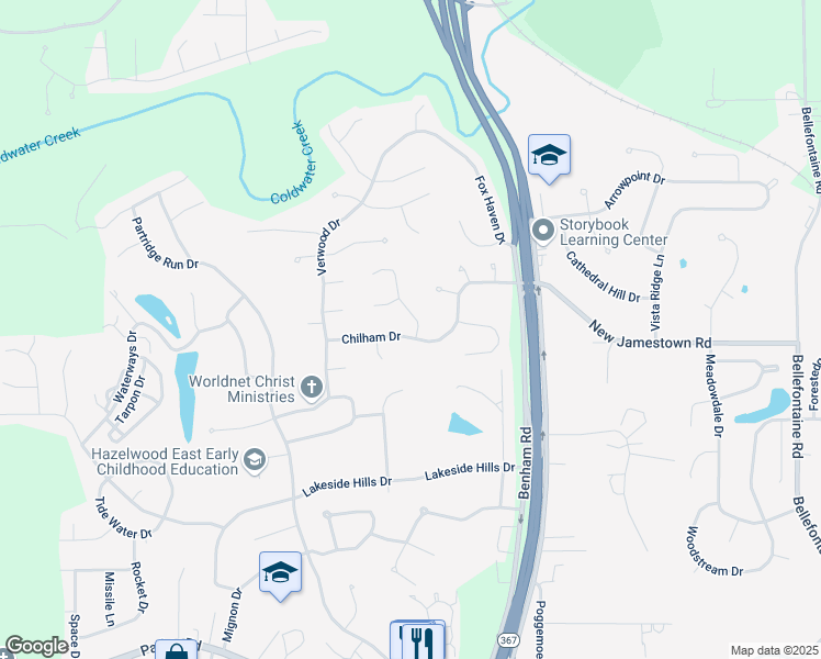 map of restaurants, bars, coffee shops, grocery stores, and more near 12702 Coachlight Square Drive in Florissant