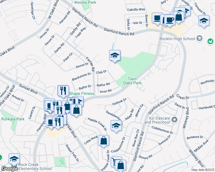 map of restaurants, bars, coffee shops, grocery stores, and more near 5725 Balfor Road in Rocklin