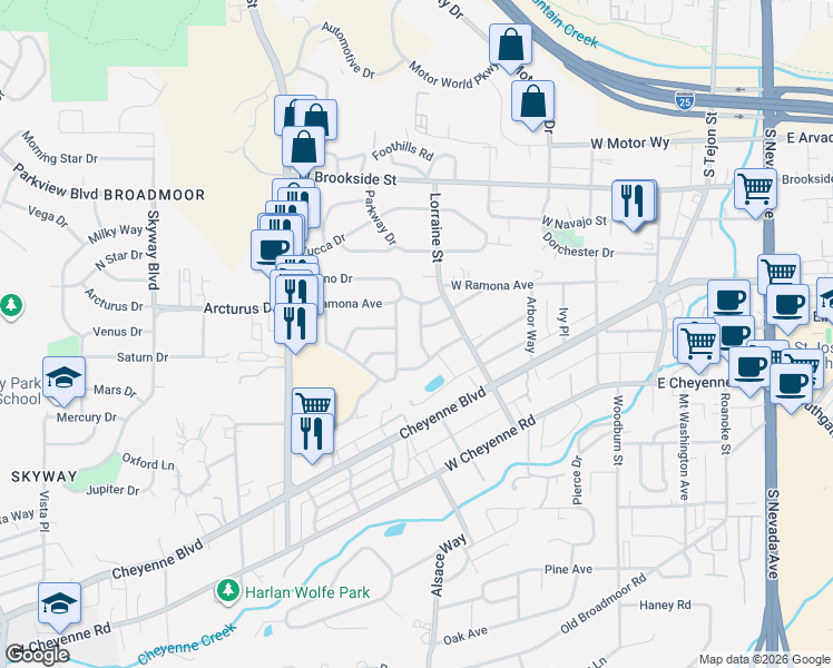 map of restaurants, bars, coffee shops, grocery stores, and more near 1620 Marquita Avenue in Colorado Springs
