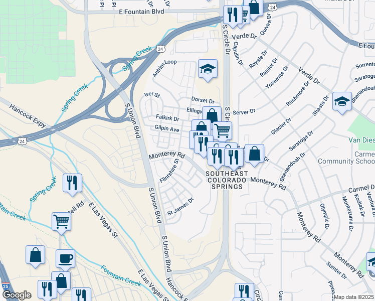 map of restaurants, bars, coffee shops, grocery stores, and more near 1578 Monterey Road in Colorado Springs