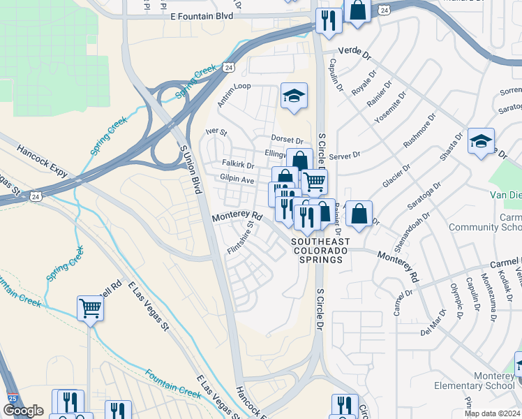 map of restaurants, bars, coffee shops, grocery stores, and more near 1578 Monterey Road in Colorado Springs