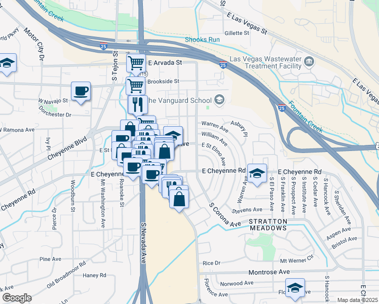 map of restaurants, bars, coffee shops, grocery stores, and more near 405 East Saint Elmo Avenue in Colorado Springs