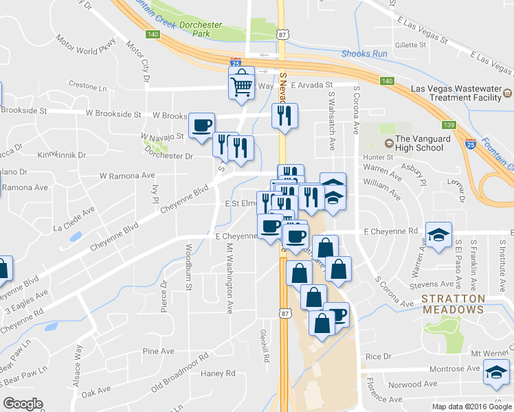 map of restaurants, bars, coffee shops, grocery stores, and more near 1808 Saint Elmo Court in Colorado Springs