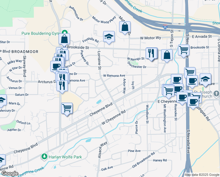 map of restaurants, bars, coffee shops, grocery stores, and more near 1631 Lorraine Street in Colorado Springs