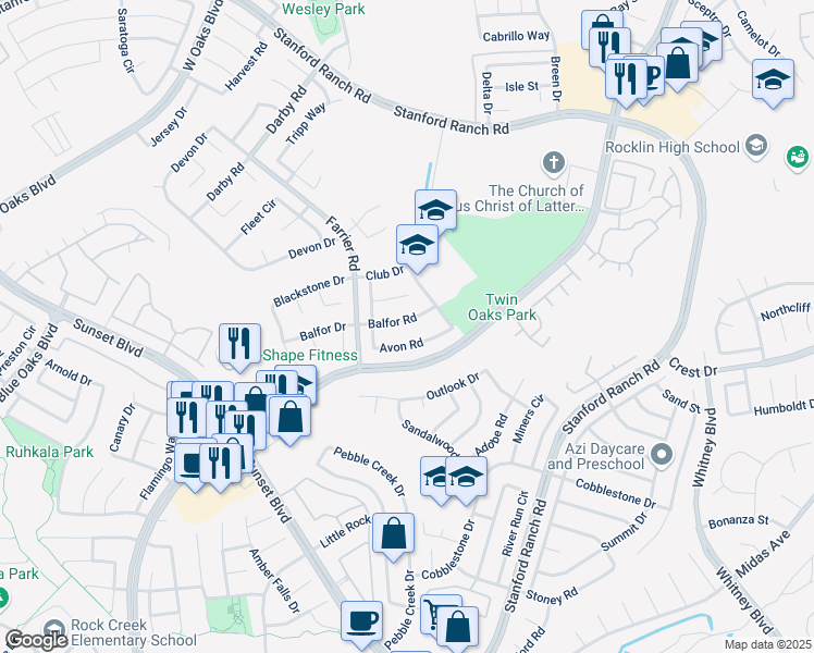 map of restaurants, bars, coffee shops, grocery stores, and more near 5725 Balfor Road in Rocklin
