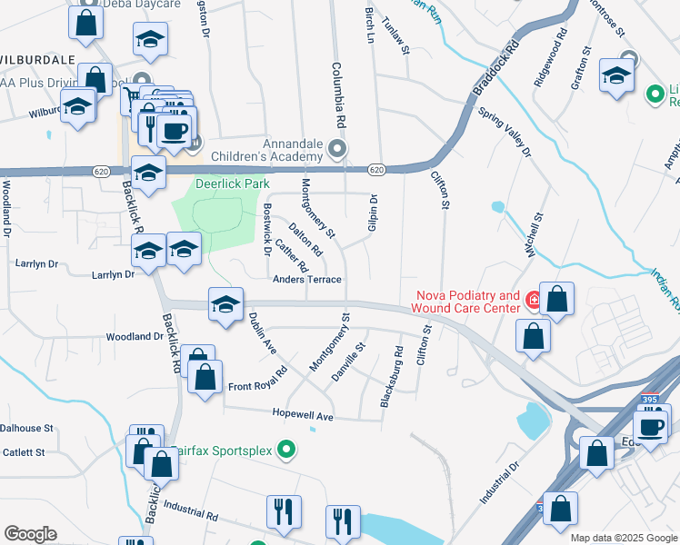 map of restaurants, bars, coffee shops, grocery stores, and more near 6702 Anders Terrace in Springfield